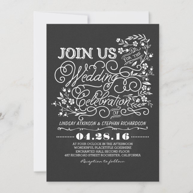 Chalkboard floral vintage wedding invitation (Front)