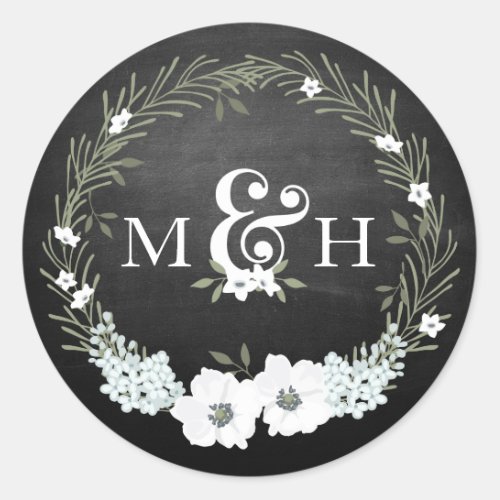 Chalkboard Floral Wedding Monograms Ampersand Classic Round Sticker