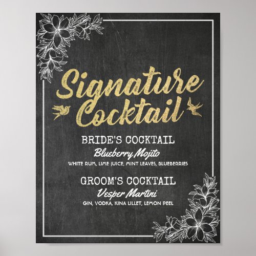 Chalkboard Floral Wedding Signature Drink Menu Poster
