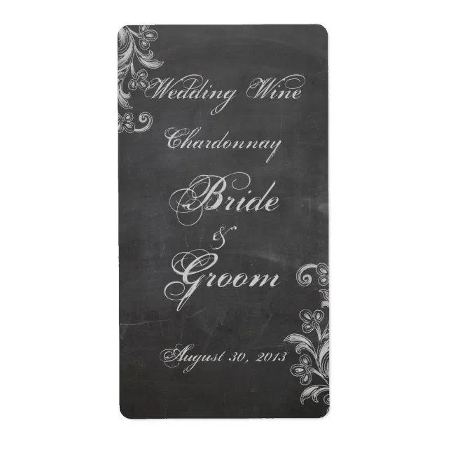 Chalkboard Floral Wedding Wine Label | Zazzle