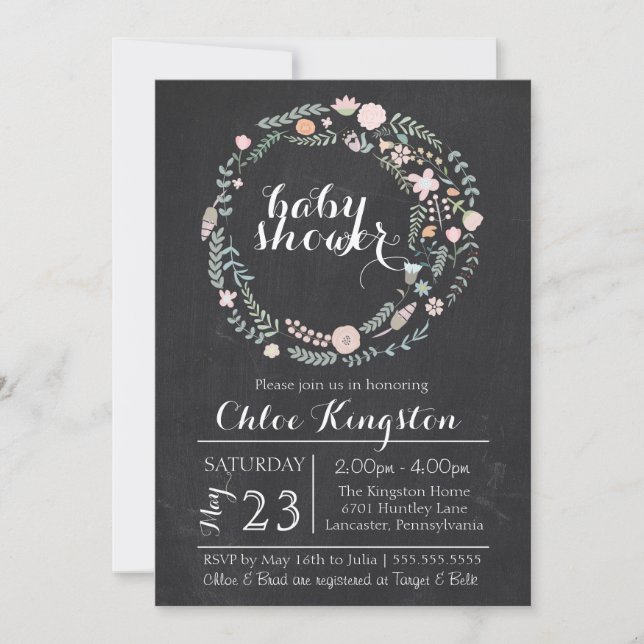 Chalkboard Floral Wreath Baby Shower Invitation (Front)