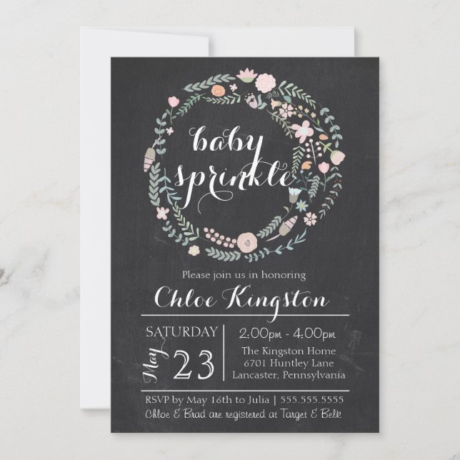 Chalkboard Floral Wreath Baby Sprinkle Invitation (Front)