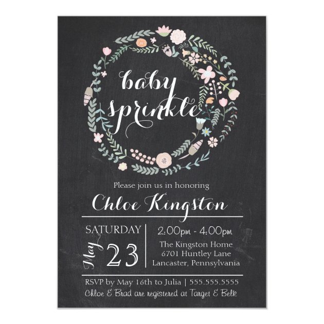 Chalkboard Floral Wreath Baby Sprinkle Invitation