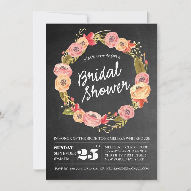 Chalkboard Floral Wreath Bridal Shower Invite (Front)