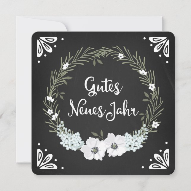 Chalkboard Floral Wreath Happy New Year German Holiday Card (Front)