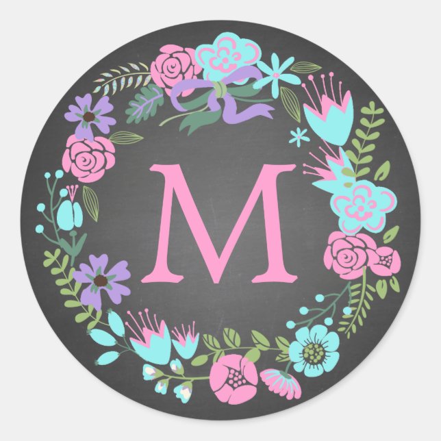 CHALKBOARD FLORAL WREATH MONOGRAM LABELS (Front)