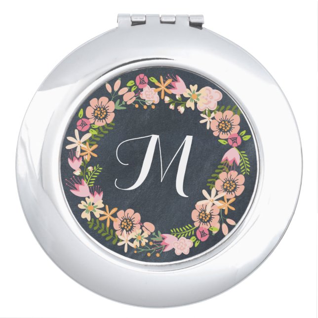 Chalkboard floral wreath monogram mirror compact (Front)