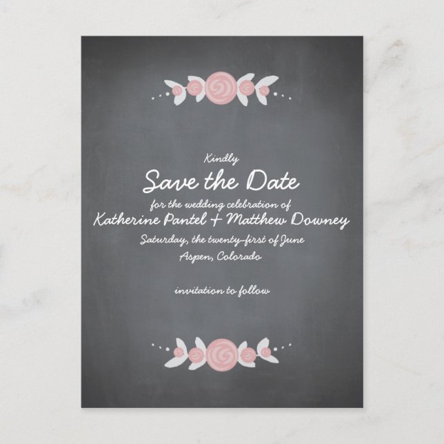 Chalkboard Floral Wreath Save the Date Announcement Postcard (Front)