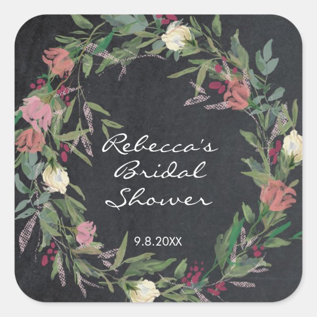 chalkboard floral wreath shower favors sticker (Front)