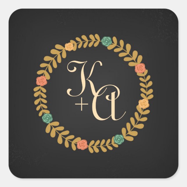 Chalkboard Floral Wreath Wedding Monogram Sticker (Front)