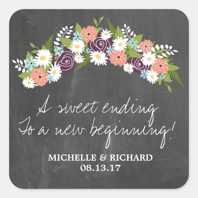 Chalkboard Floral Wreath Wedding Square Sticker (Front)