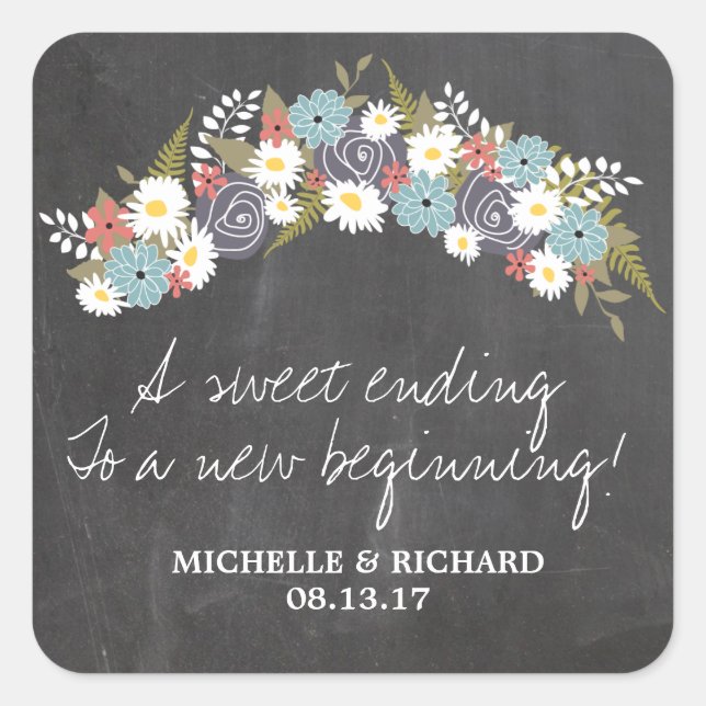 Chalkboard Floral Wreath Wedding Square Sticker (Front)