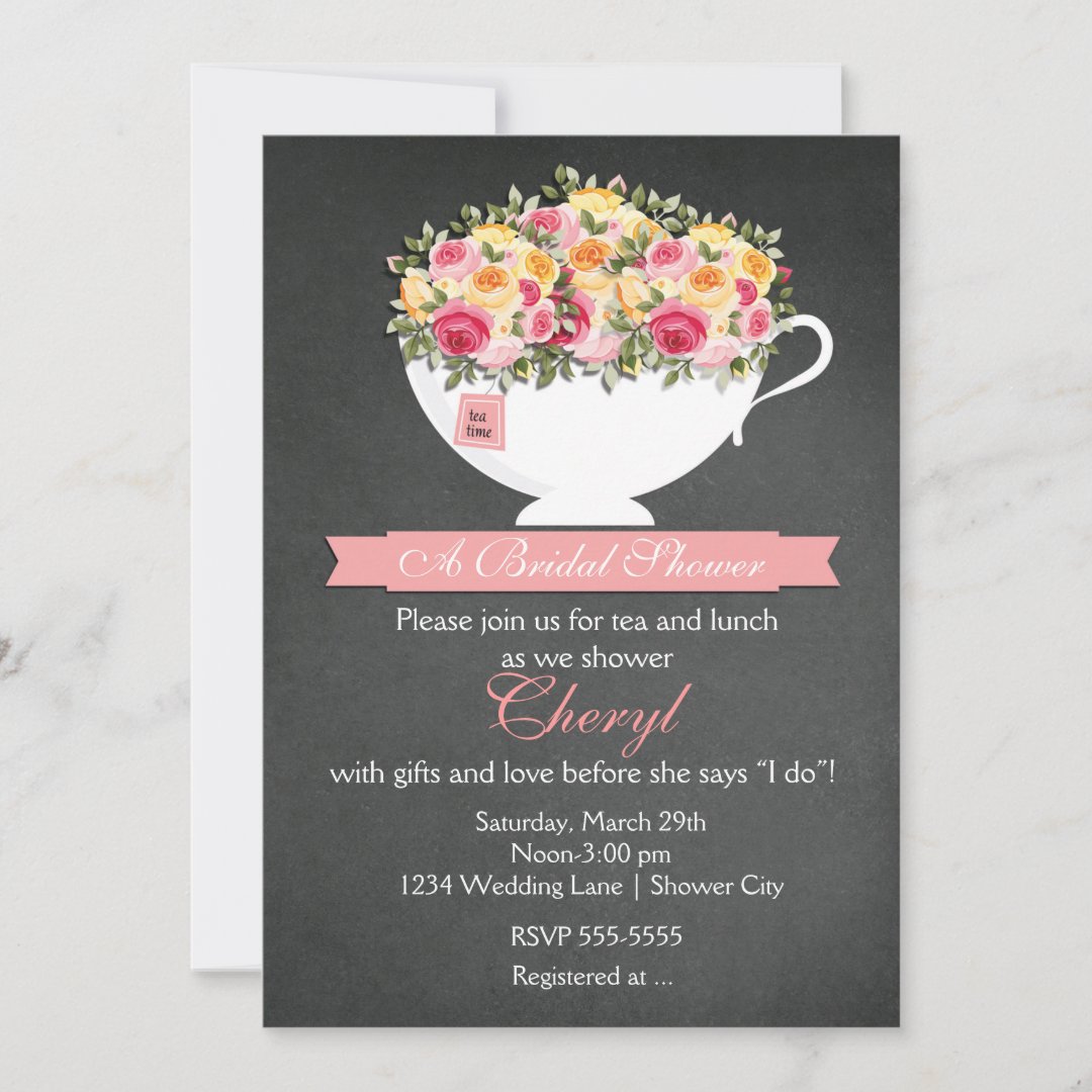 Chalkboard Flower Tea Cup Bridal Shower Invitation Zazzle