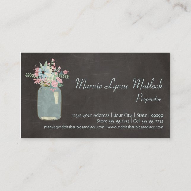 Chalkboard Flowers Rustic Mason Jar Modern Floral Business Card (Back)