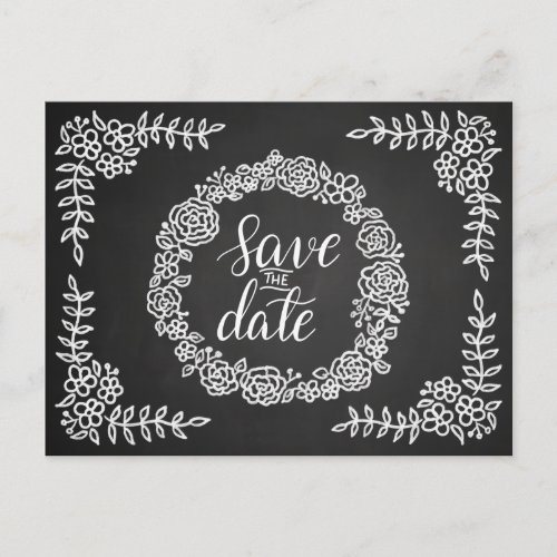 Chalkboard Flowers Wreath Wedding  Save The Date Announcement Postcard