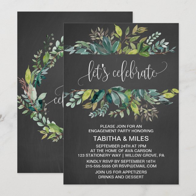 Chalkboard Foliage Lets Celebrate Engagement Party Invitation (Front/Back)
