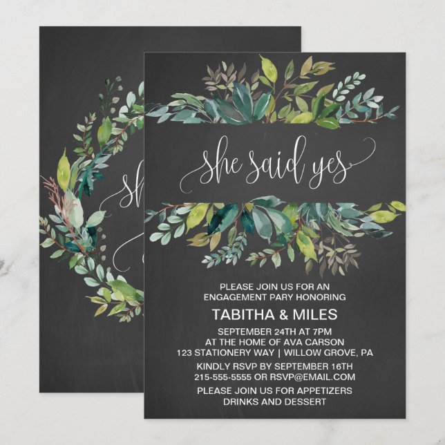 Chalkboard Foliage She Said Yes Engagement Party Invitation (Front/Back)