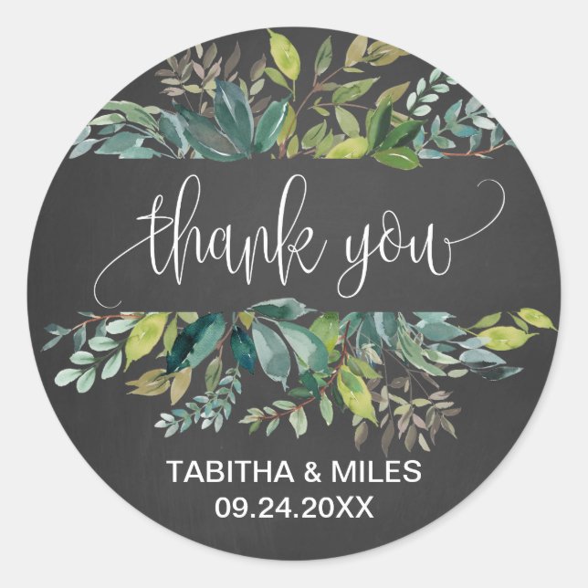 Chalkboard Foliage Thank You Wedding Favor Classic Round Sticker (Front)