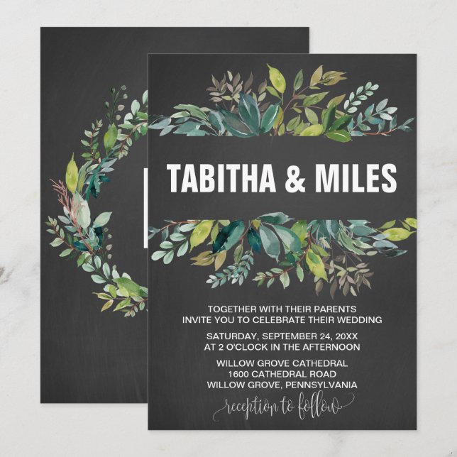 Chalkboard Foliage Wreath Backing Wedding Card (Front/Back)