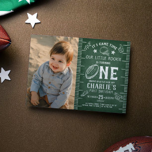 Chalkboard Football Athletic Photo 1st Birthday Invitation