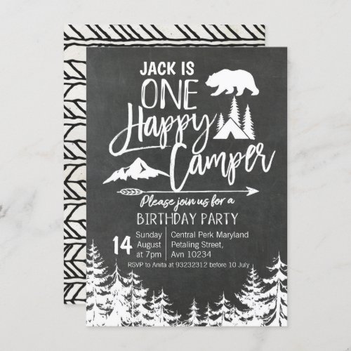 Chalkboard Forest Camping Birthday party camper Invitation