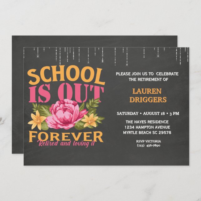 Chalkboard Funny Teacher Floral Retirement   Invit Invitation (Front/Back)