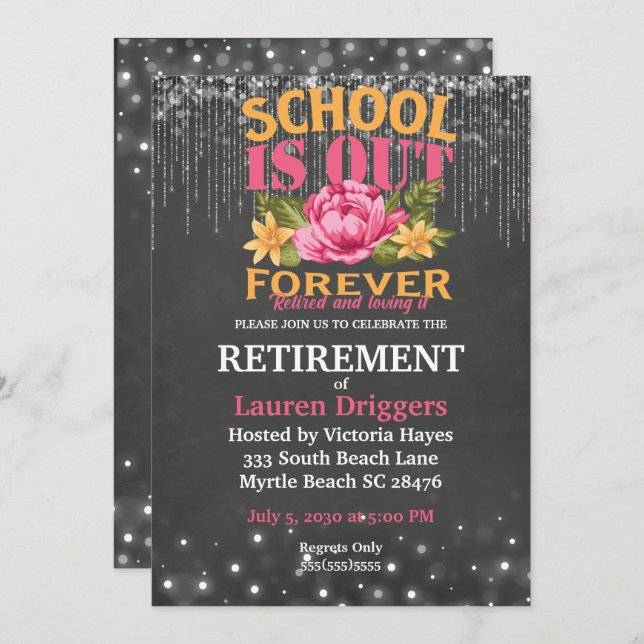 Chalkboard Funny Teacher Floral Retirement   Invitation (Front/Back)