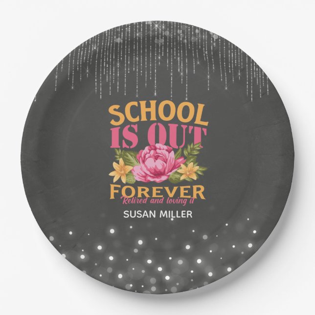 Chalkboard Funny Teacher Floral Retirement  Paper Plates (Front)