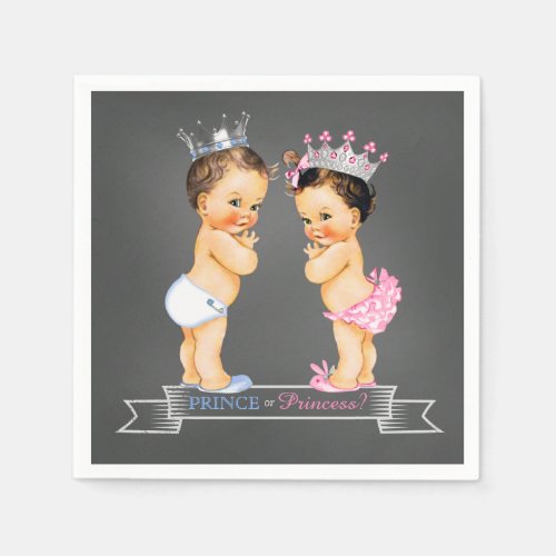 Chalkboard Gender Reveal Brunette Prince Princess Paper Napkins