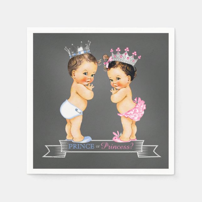 Chalkboard Gender Reveal Brunette Prince Princess Paper Napkins (Front)