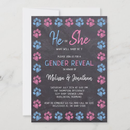 Chalkboard Gender Reveal Paw Prints Blue Pink Invitation