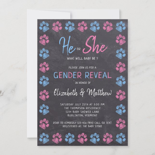 Chalkboard Gender Reveal Paw Prints Blue Pink Invitation (Front)