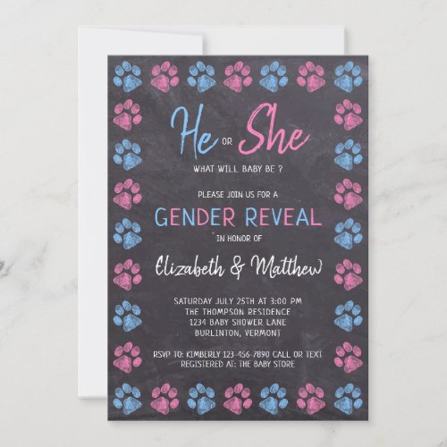 Chalkboard Gender Reveal Paw Prints Blue Pink Invitation