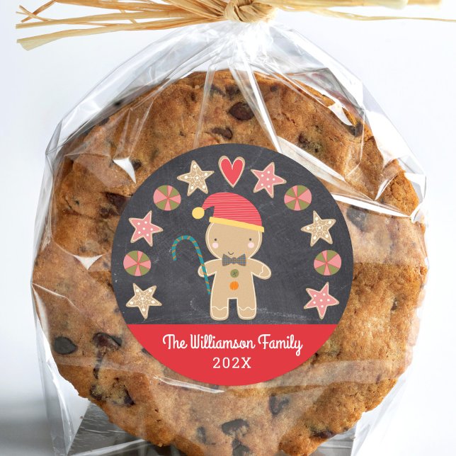 Chalkboard Gingerbread Boy Cookie Red Cute Holiday Classic Round Sticker (Creator Uploaded)