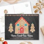 Chalkboard Gingerbread New Home Holiday Moving Announcement Postcard<br><div class="desc">“Home Sweet New Home”. Here’s a wonderful way to let all your family and friends know that you’re in your new home with this adorable, whimsical, chic, simple, modern, custom name moving announcement postcard. A cute gingerbread house, cookie trees and playful script typography overlay a dark charcoal gray chalkboard background....</div>