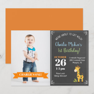 Chalkboard Giraffe Trendy Birthday Photo Invite