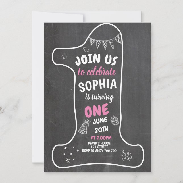 Chalkboard Girl 1st Birthday Chalk Number One Invitation (Front)