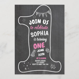Chalkboard Girl 1st Birthday Chalk Number One Invitation