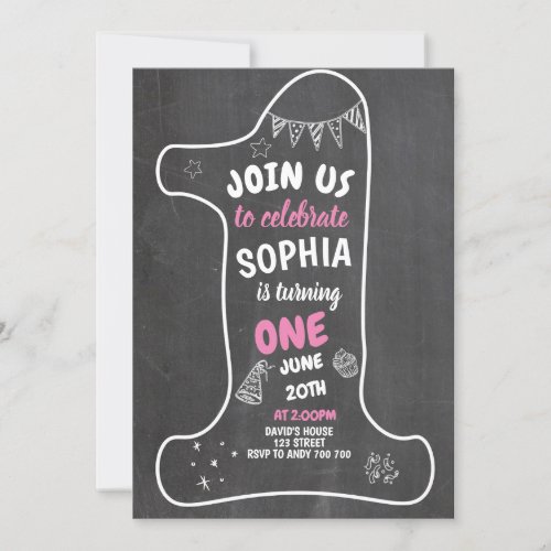 Chalkboard Girl 1st Birthday Chalk Number One Invitation