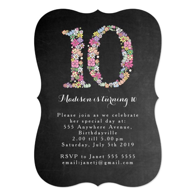 Chalkboard Girls Floral 10th Birthday Party Invite