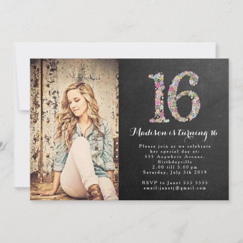 Chalkboard Girls Floral 16th Birthday Party Invite
