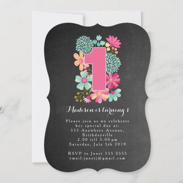 Chalkboard Girls Floral 1st Birthday Party Invite (Front)