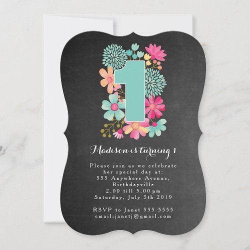 Chalkboard Girls Floral 1st Birthday Party Invite