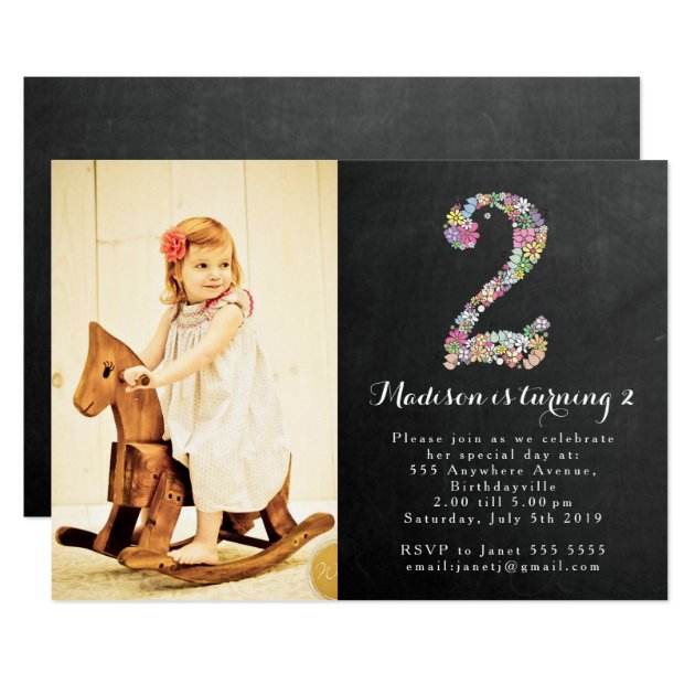 Chalkboard Girls Floral 2nd Birthday Party Invite
