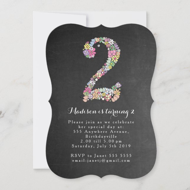Chalkboard Girls Floral 2nd Birthday Party Invite (Front)