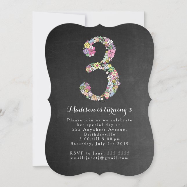 Chalkboard Girls Floral 3rd Birthday Party Invite (Front)