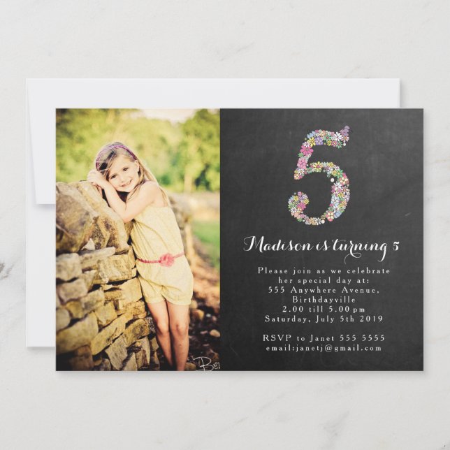Chalkboard Girls Floral 5th Birthday Party Invite (Front)