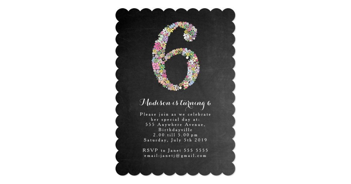 Chalkboard Girls Floral 6th Birthday Party Invite