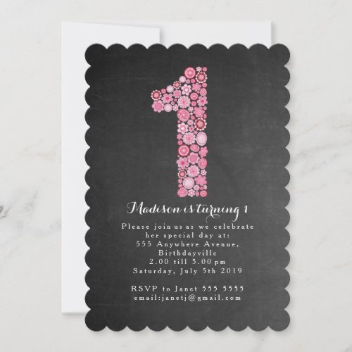 Chalkboard Girls Pink Floral 1st Birthday Party Invitation