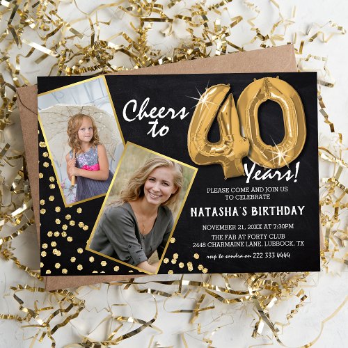 Chalkboard Gold Balloons 2 Photo 40th Birthday  Invitation